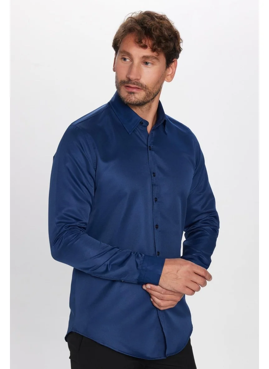 Tudors Slim Fit Long Sleeve Easy Iron Sweat Absorbing Breathable Texture Tie Holder Four Seasons Navy Blue Men's Shirt