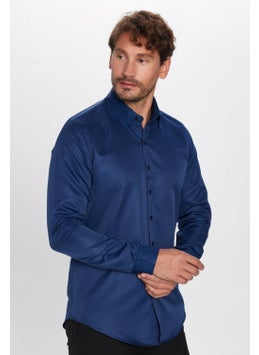 Tudors Slim Fit Long Sleeve Easy Iron Sweat Absorbing Breathable Texture Tie Holder Four Seasons Navy Blue Men's Shirt  - Image 1