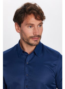 Tudors Slim Fit Long Sleeve Easy Iron Sweat Absorbing Breathable Texture Tie Holder Four Seasons Navy Blue Men's Shirt  - Image 2