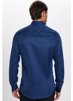 Tudors Slim Fit Long Sleeve Easy Iron Sweat Absorbing Breathable Texture Tie Holder Four Seasons Navy Blue Men's Shirt  - Image 5