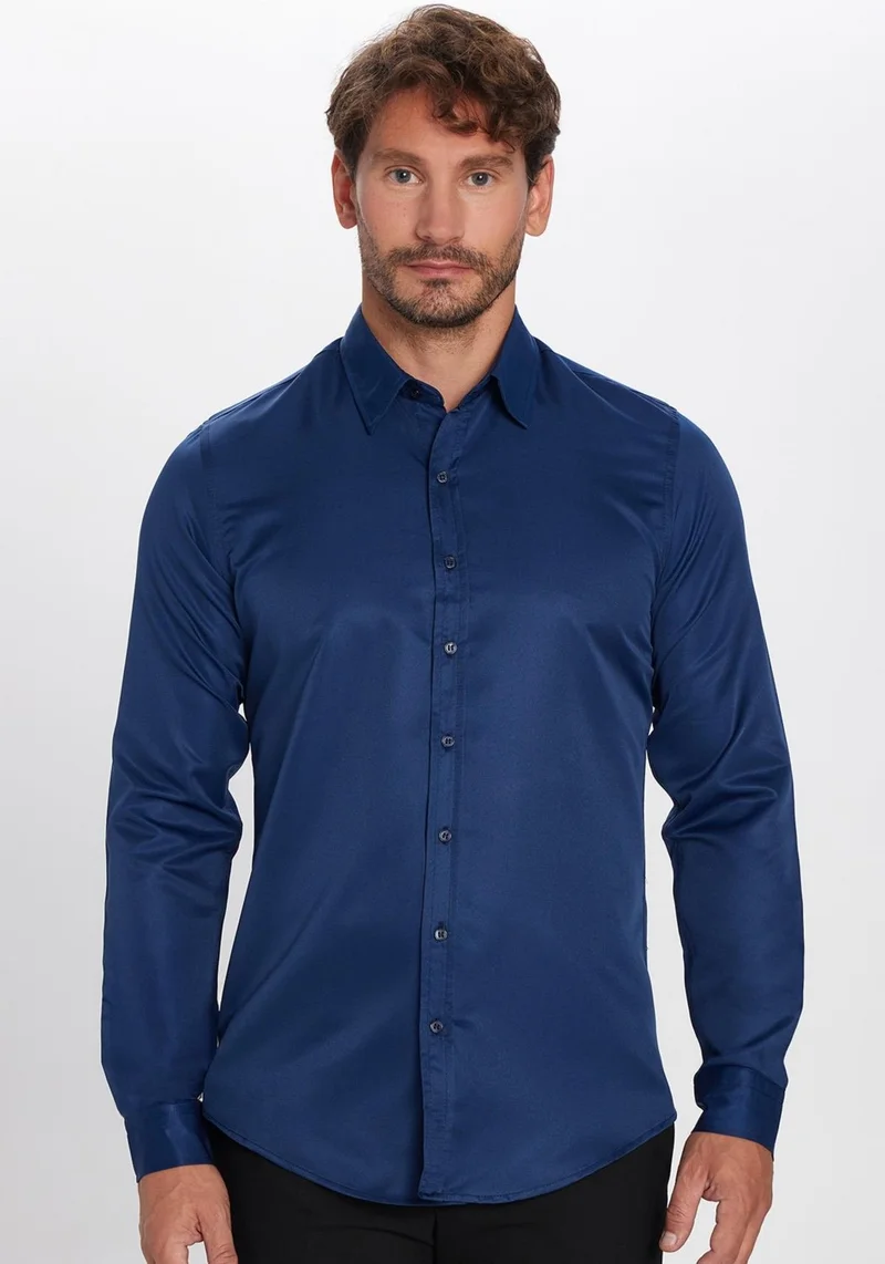 تودورس Slim Fit Long Sleeve Easy Iron Sweat Absorbing Breathable Texture Tie Holder Four Seasons Navy Blue Men's Shirt