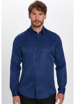 Tudors Slim Fit Long Sleeve Easy Iron Sweat Absorbing Breathable Texture Tie Holder Four Seasons Navy Blue Men's Shirt  - Image 3