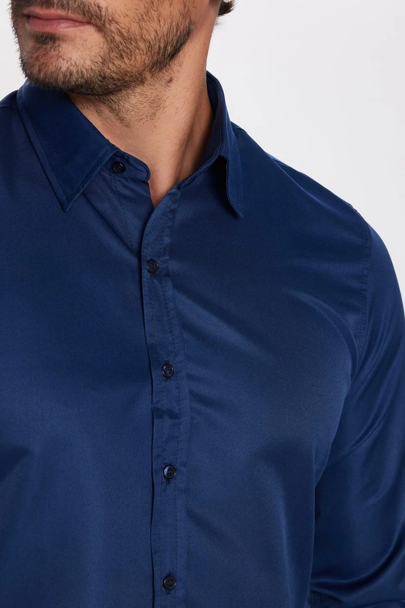 تودورس Slim Fit Long Sleeve Easy Iron Sweat Absorbing Breathable Texture Tie Holder Four Seasons Navy Blue Men's Shirt