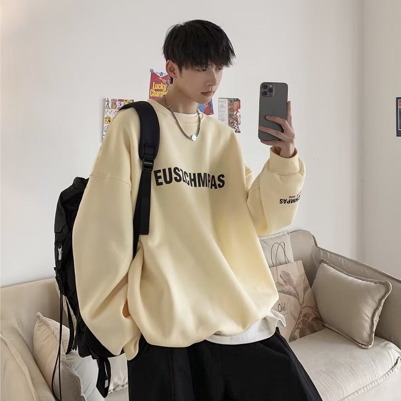 Crewneck Sweater Mens oversize Niche High Street American Style Autumn and Winter Fleece-Lined Thickened Winter Hat-Free Trendy Instagram Brand Apricot - Image 1
