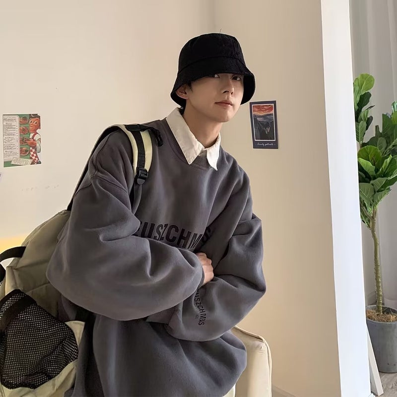 Crewneck Sweater Mens oversize Niche High Street American Style Autumn and Winter Fleece-Lined Thickened Winter Hat-Free Trendy Instagram Brand Apricot - Image 2