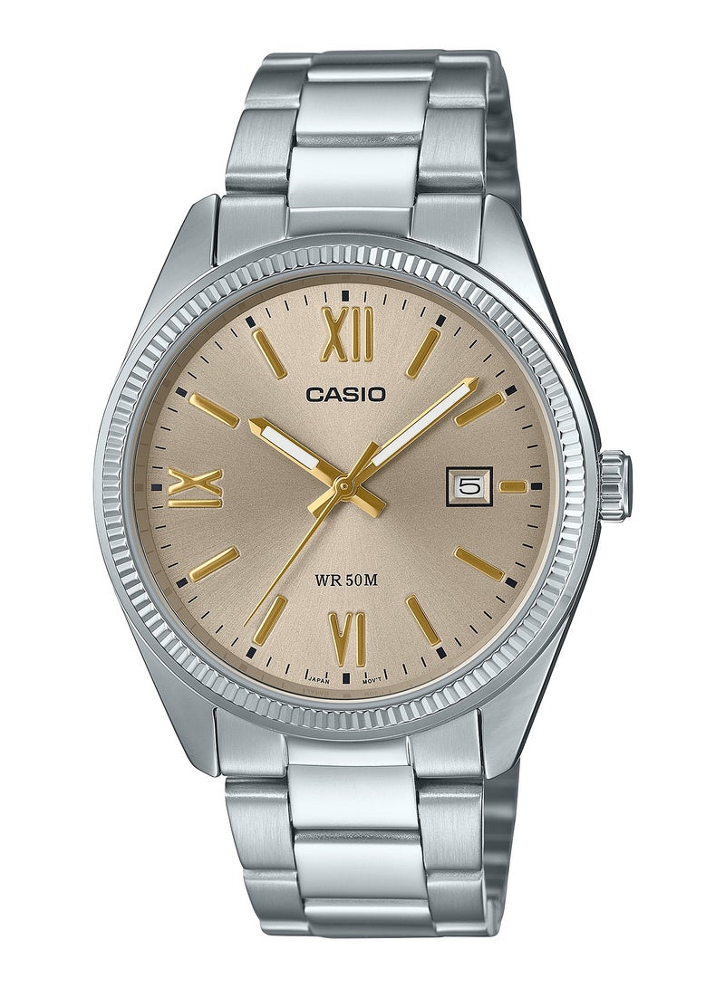 CASIO ساعة كوارتز للرجال بمينا كريمي من الفولاذ المقاوم للصدأ MTP-1302DD-9AV