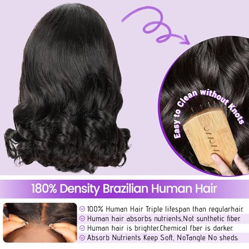UVVUVV 4x4 Body Wave Lace Front Wigs Human Hair 180% Density 16 Inch Lace Frontal Wigs Human Hair Pre Plucked HD Transparent Short Body Wave Wigs for Women Natural Black Color（16inch） - Image 2