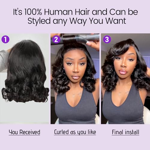 UVVUVV 4x4 Body Wave Lace Front Wigs Human Hair 180% Density 16 Inch Lace Frontal Wigs Human Hair Pre Plucked HD Transparent Short Body Wave Wigs for Women Natural Black Color（16inch） - Image 3