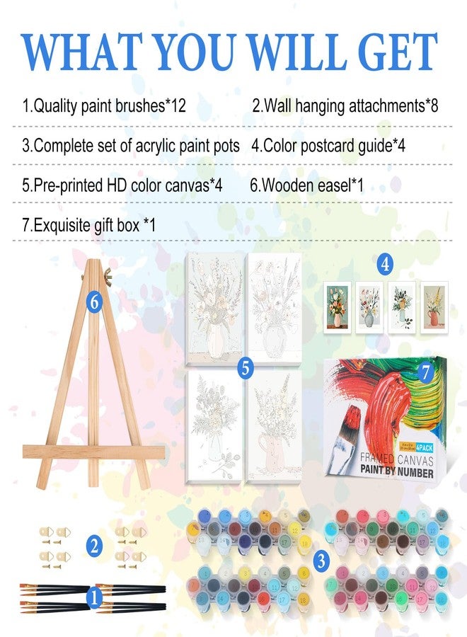 PRASIO 4 Pack Framed Paint by Numbers Kit for Adults with Wooden Easel, Flowers Easy Paint by Number Kits with Frame, Acrylic Watercolor Adult Paint by Number Kits on Canvas Framed for Home Decor 8x12 Inch - Image 3