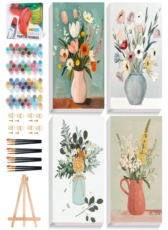 PRASIO 4 Pack Framed Paint by Numbers Kit for Adults with Wooden Easel, Flowers Easy Paint by Number Kits with Frame, Acrylic Watercolor Adult Paint by Number Kits on Canvas Framed for Home Decor 8x12 Inch - Image 1