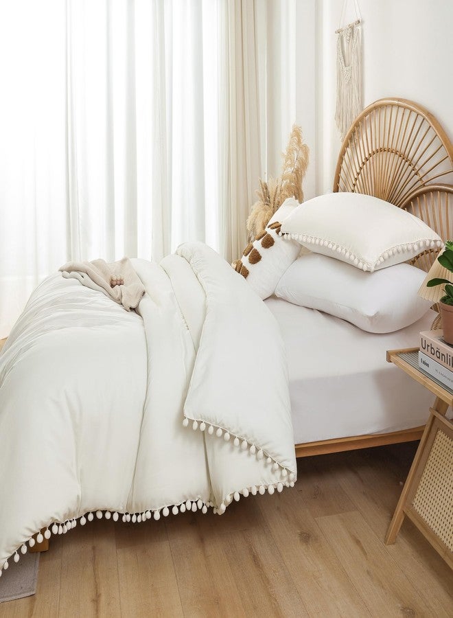 YIRDDEO Ivory Twin Ball Pom Fringe Design Comforter Set 2pcs, White Comforter Boho Aesthetic Luxurious Full Bedding Set, Vintage Ultra Soft Microfiber Comforter Set (1 Comforter, Only 1 Pillowcase) - Image 3