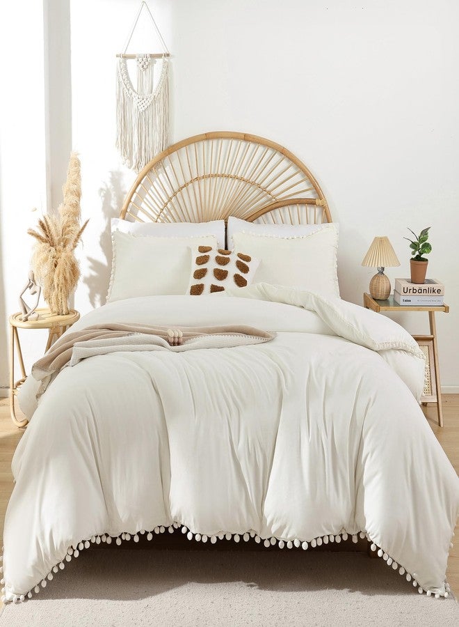 YIRDDEO Ivory Twin Ball Pom Fringe Design Comforter Set 2pcs, White Comforter Boho Aesthetic Luxurious Full Bedding Set, Vintage Ultra Soft Microfiber Comforter Set (1 Comforter, Only 1 Pillowcase) - Image 2