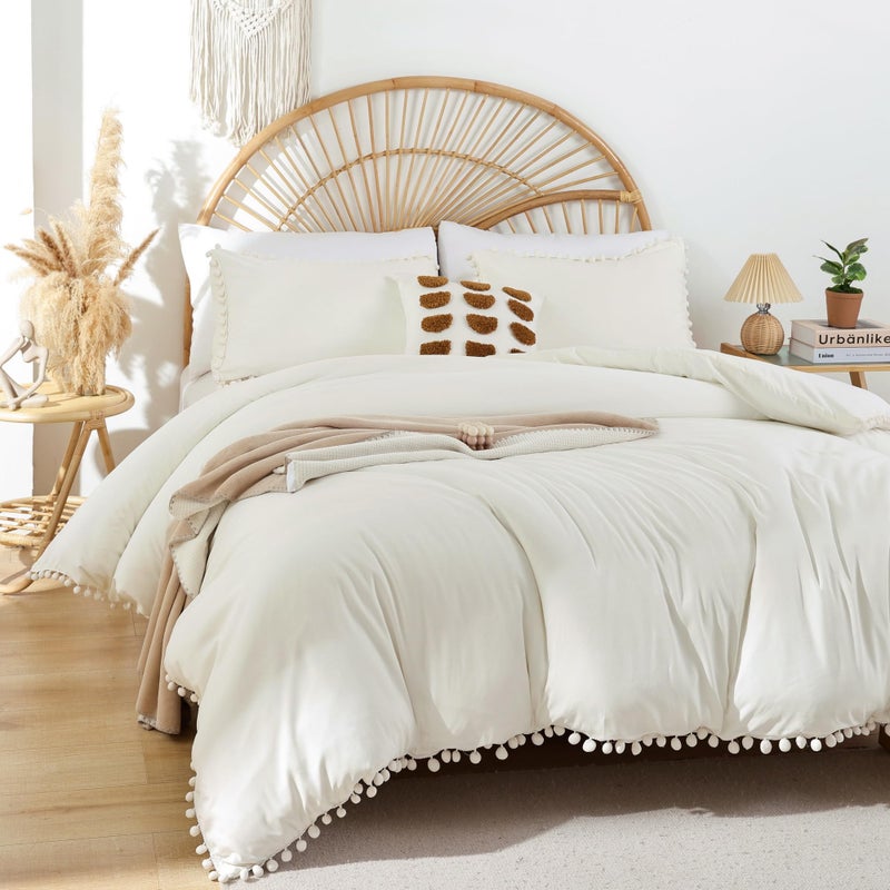YIRDDEO Ivory Twin Ball Pom Fringe Design Comforter Set 2pcs, White Comforter Boho Aesthetic Luxurious Full Bedding Set, Vintage Ultra Soft Microfiber Comforter Set (1 Comforter, Only 1 Pillowcase) - Image 1