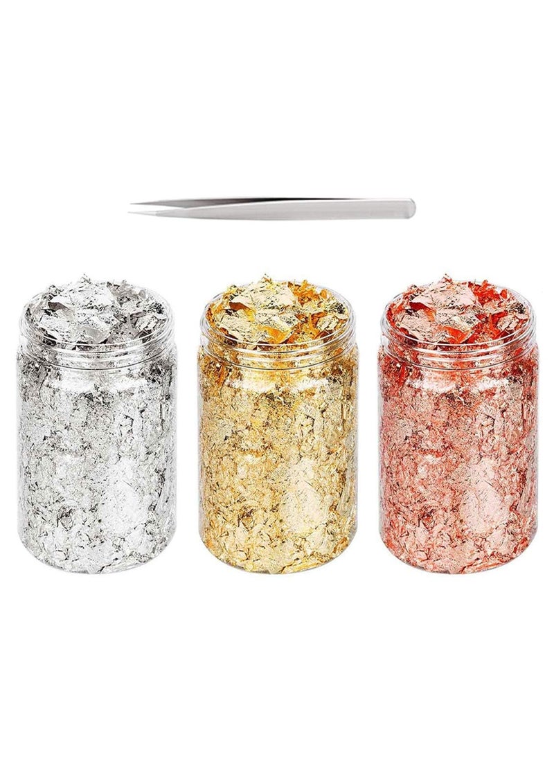 ASK VARK WALA ASK VARK WALA 45g Foil Flakes 3 Bottles Gold Leaf Flakes Gold Foil Copper Leaf Silver Leaf Metallic Foil Flakes with Tweezer for DIY Craft Art Projects Picture Frames Makeup  - Image 1