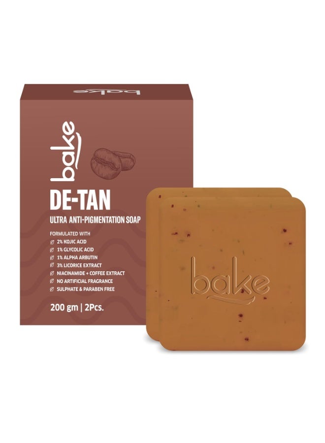 BAKE De-Tan Scrub Treatment Coffee Soap (200Gms Pack of 2) | Ultra Pigmentation Soap for Tan Removal | With 2% Kojic Acid, 1% Glycolic Acid, 1% Alpha Arbutin | For Pigmentation, Dark Spots & Tanning Removal | For Women & Men - 100g x 2 (Pack of 2) - Image 1