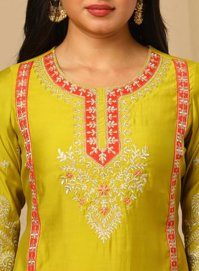 globus Zari Embroidered Yoke Paneled Straight Kurta, Pants and Lace Detail Dupatta Festive Set