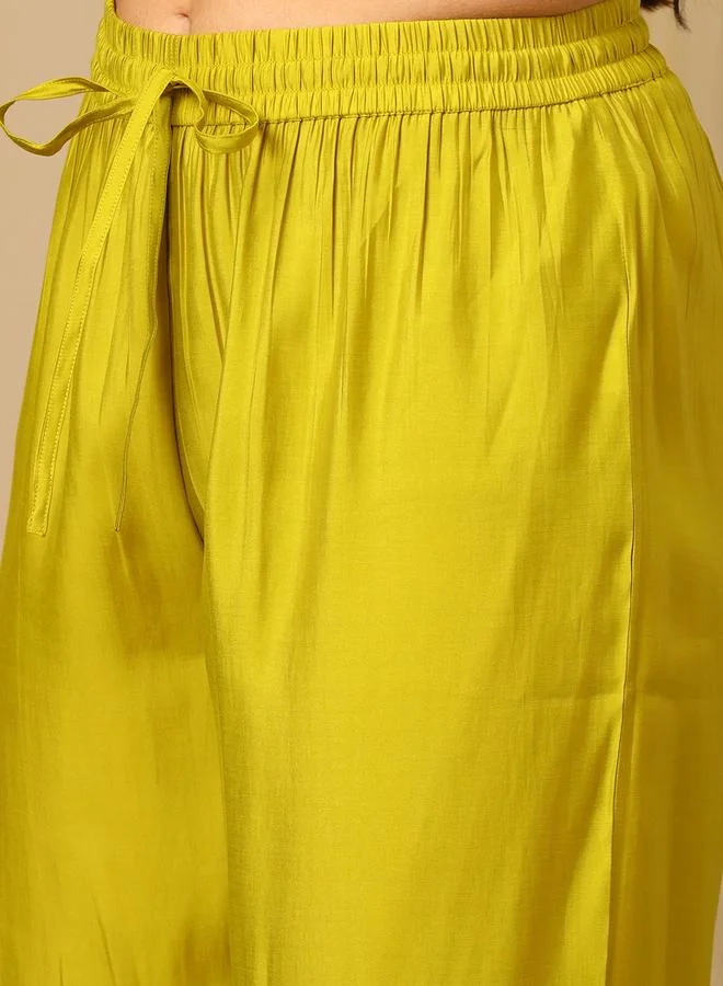 globus Zari Embroidered Yoke Paneled Straight Kurta, Pants and Lace Detail Dupatta Festive Set