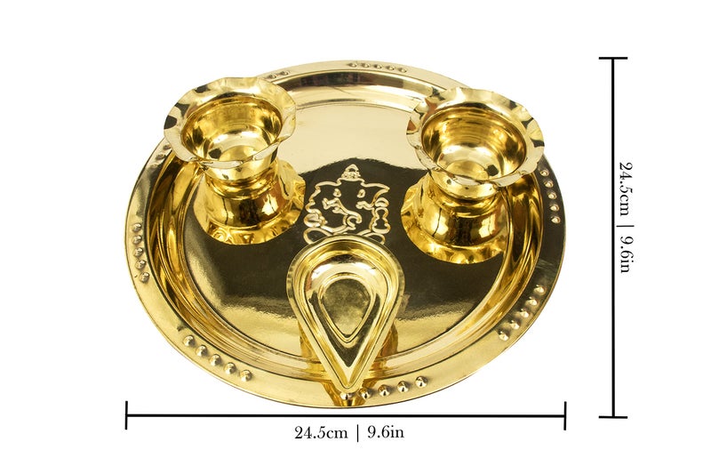 Spillbox Traditional Handcrafted Ganesha Brass Puja|Pooja Thali|Arati|Arathi|Arthi|Arti| Haldi Kumkum| Prasad, Festival Pooja| Bartan Thambulam Plate 2bowls 1 Diya (Large) - Image 3