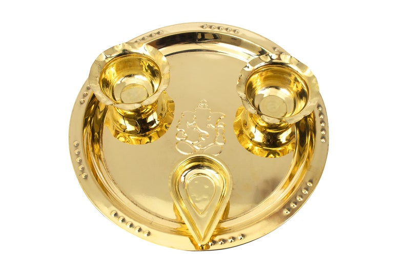 Spillbox Traditional Handcrafted Ganesha Brass Puja|Pooja Thali|Arati|Arathi|Arthi|Arti| Haldi Kumkum| Prasad, Festival Pooja| Bartan Thambulam Plate 2bowls 1 Diya (Large) - Image 2