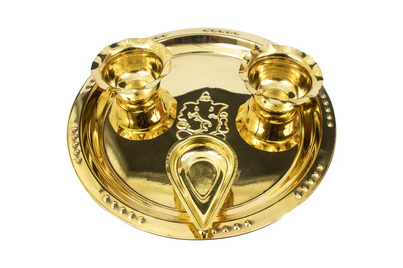 Spillbox Traditional Handcrafted Ganesha Brass Puja|Pooja Thali|Arati|Arathi|Arthi|Arti| Haldi Kumkum| Prasad, Festival Pooja| Bartan Thambulam Plate 2bowls 1 Diya (Large) - Image 5