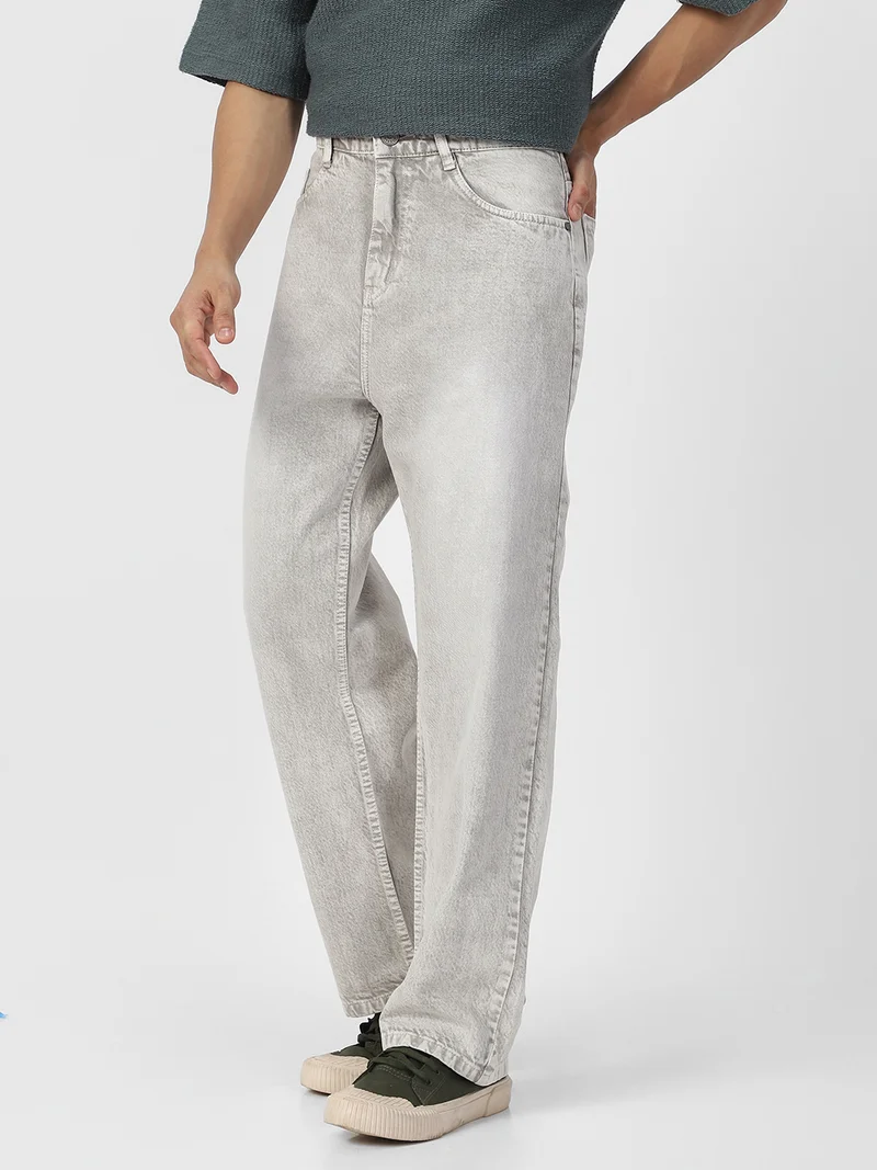 أوربانو فاشن Urbano Fashion Men's Ice Grey Loose Baggy Fit Washed Jeans Non-Stretchable
