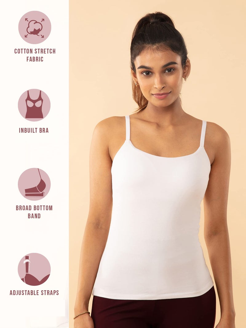 NYKD Cotton Everyday Bramisole for Women - Camisole with in-Built Bra, Padded & Moulded Cups, Adjustable Straps Bramisole, NYC003, White, S, 1N - Image 2