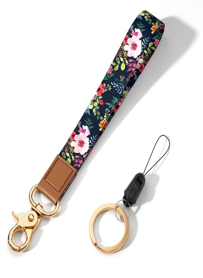 Hsxnam Wrist Lanyard Key Chain, Cute Wristlet Strap Keychain Holder for Women Men Car Keys ID Badges Card Wallet Phone Camera, Black Flower - Image 1
