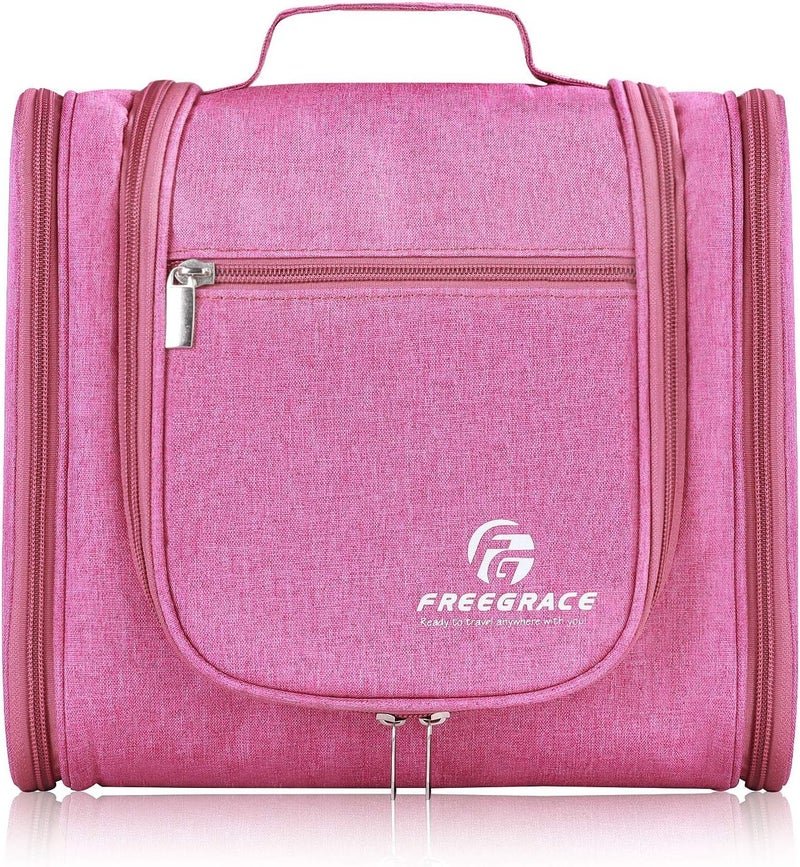 Freegrace Hanging Toiletry Bag Extra Large Capacity | Premium Travel Organizer Bags For Men And Women | Durable Waterproof Nylon Bathroom, Shower, Makeup Bag For Toiletries, Cosmetics, Brushes (Cerise Pink) - Image 1