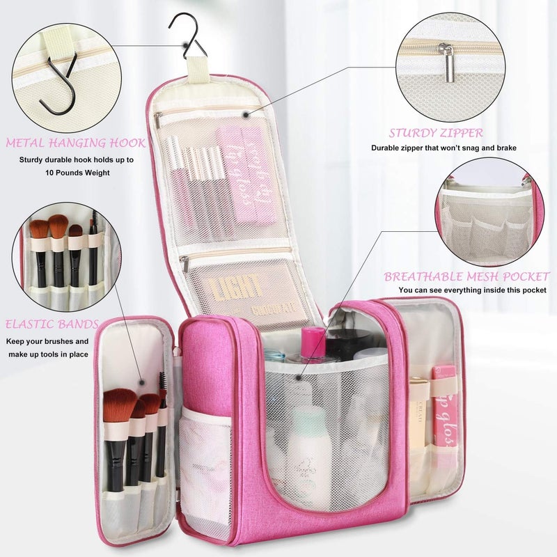 Freegrace Hanging Toiletry Bag Extra Large Capacity | Premium Travel Organizer Bags For Men And Women | Durable Waterproof Nylon Bathroom, Shower, Makeup Bag For Toiletries, Cosmetics, Brushes (Cerise Pink) - Image 2