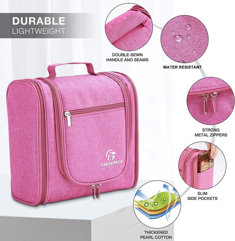 Freegrace Hanging Toiletry Bag Extra Large Capacity | Premium Travel Organizer Bags For Men And Women | Durable Waterproof Nylon Bathroom, Shower, Makeup Bag For Toiletries, Cosmetics, Brushes (Cerise Pink) - Image 3
