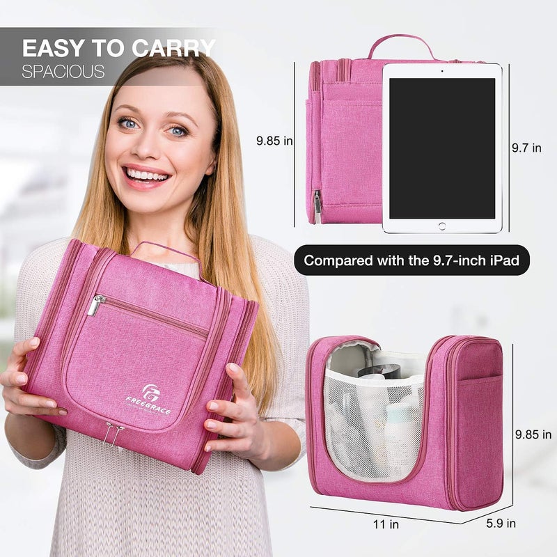 Freegrace Hanging Toiletry Bag Extra Large Capacity | Premium Travel Organizer Bags For Men And Women | Durable Waterproof Nylon Bathroom, Shower, Makeup Bag For Toiletries, Cosmetics, Brushes (Cerise Pink) - Image 4