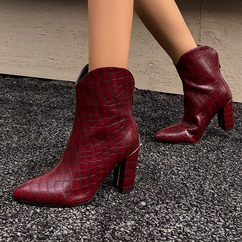 2024 Elegant Thick Heel Pointed Martin Boots 40-48 Zipper Ankle Boots Stone Pattern Low Boots Women - Image 4