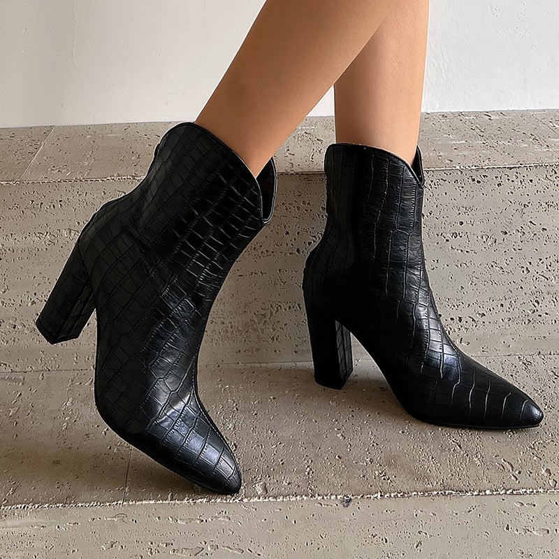 2024 Elegant Thick Heel Pointed Martin Boots 40-48 Zipper Ankle Boots Stone Pattern Low Boots Women - Image 5