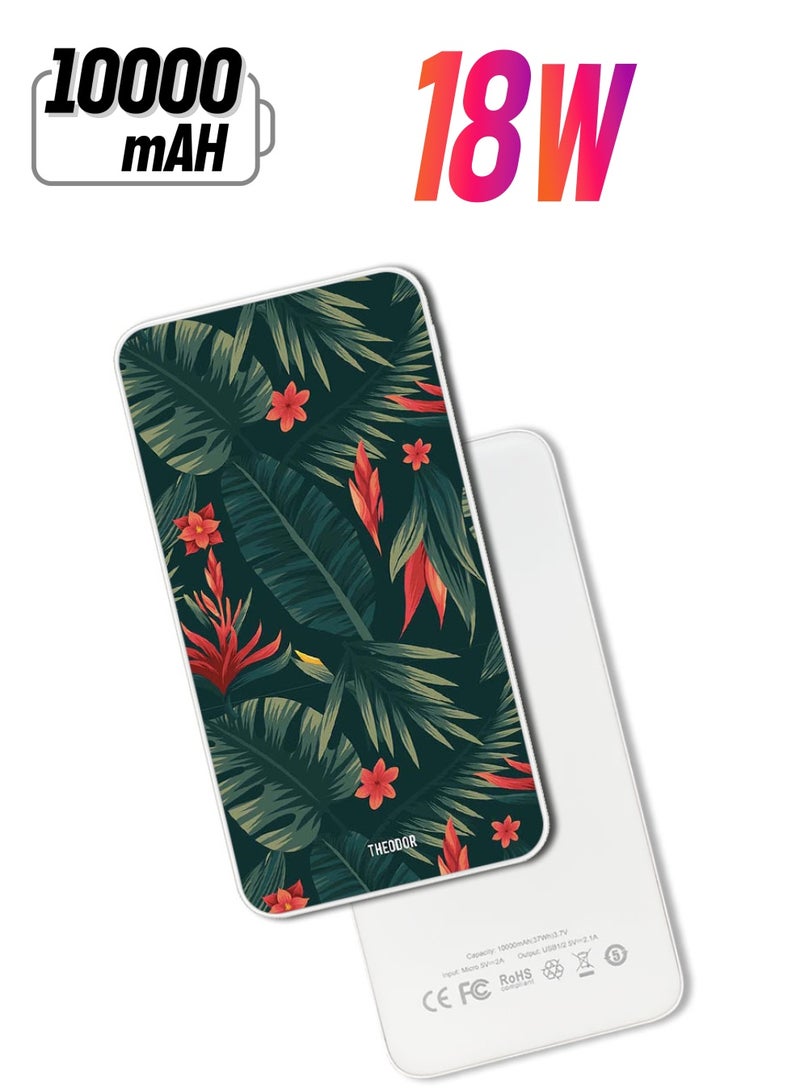 Theodor 10,000 mAh Super Fast Charging Ultra Compact Power Bank with Quick Charge & Power Delivery, Portable Charger For iPhone and Android Green Leaves - Image 1