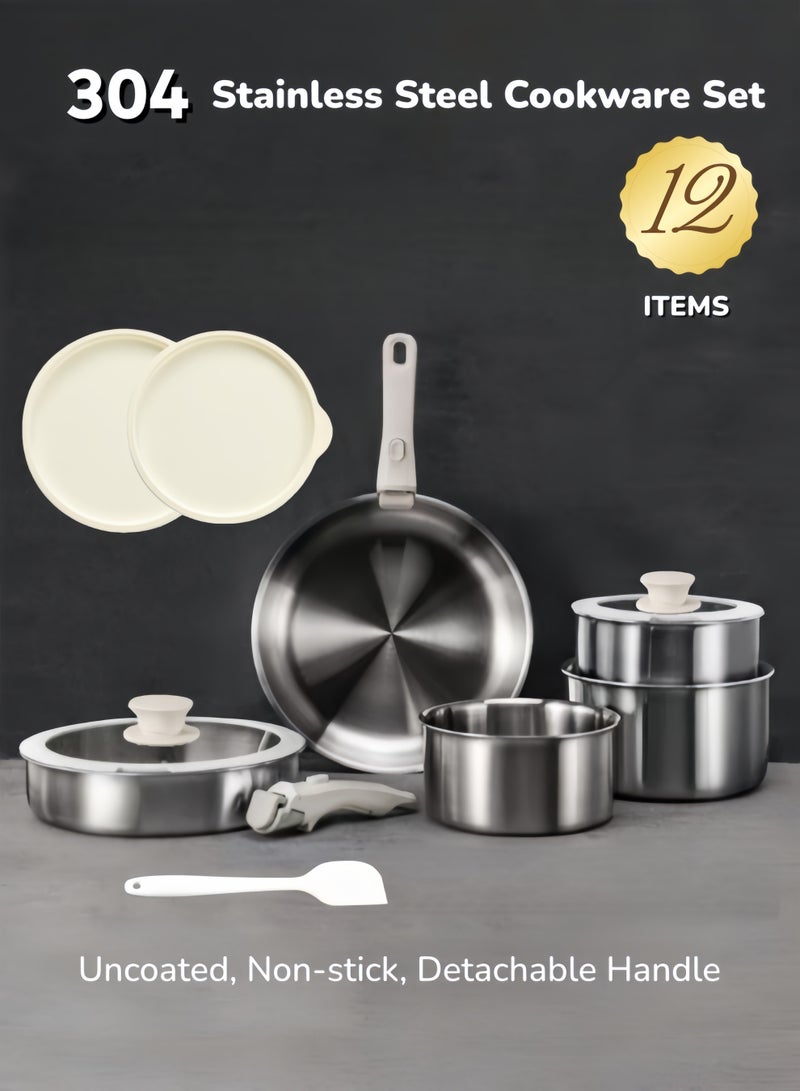 nihao 304 Stainless Steel 12-piece Cookware Set with Detachable Handle, Dishwasher & Oven Safe, Induction Compatible for Saudi Kitchens, Perfect for Kabsa & Mandi Cooking - Image 1
