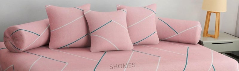 SHOMES أغطية مجموعة ديوان مطبوعة بخطوط قطنية ناعمة 6 قطع - 1 ملاءة سرير مفرد (60 × 90) مع 3 أغطية وسائد (16 × 16)، 2 غطاء وسادة طويلة (16 × 32) - لون وردي - Image 5