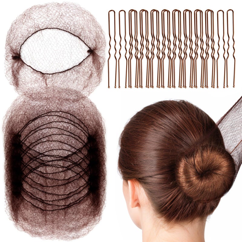 Fandamei Hair Accessories Set: 20PCS Mesh Hair Nets Invisible and 40PCS U Shaped Hair Pins for Women, Girls, Ballet Bun Maker & Dance (Hair Nets- 20 inch(50cm), Hair Pins- 2.4 inch(6cm)), Brown - Image 1