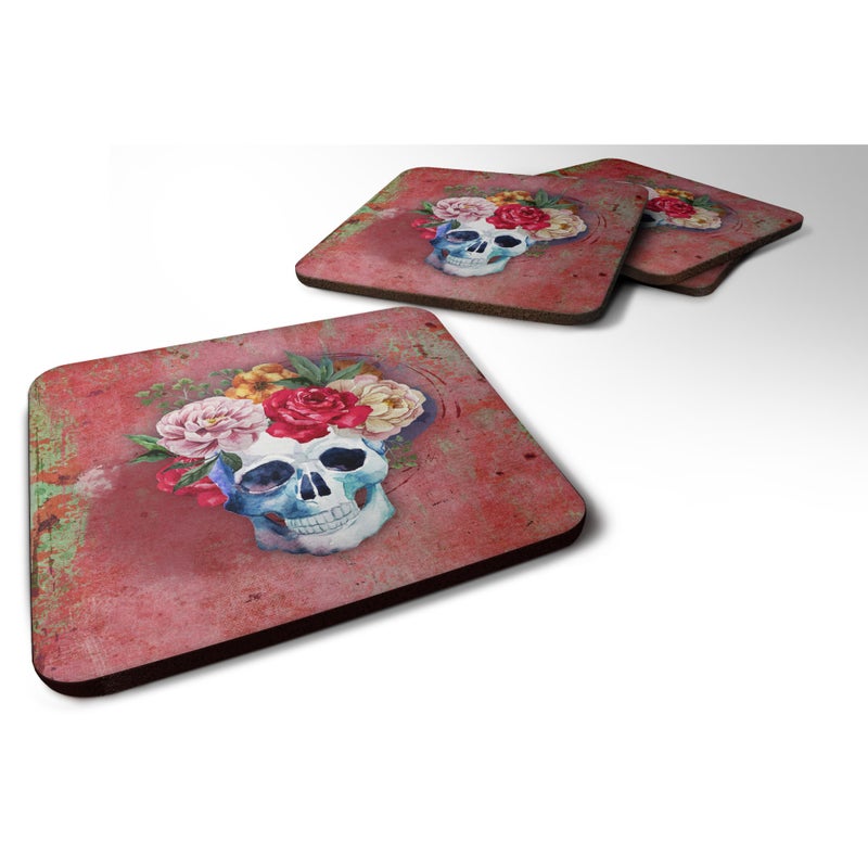 Caroline's Treasures ""Caroline's Treasures Day of The Dead Red Flowers Skull Foam Coaster Set of 4  3.5  Multicolor"" 