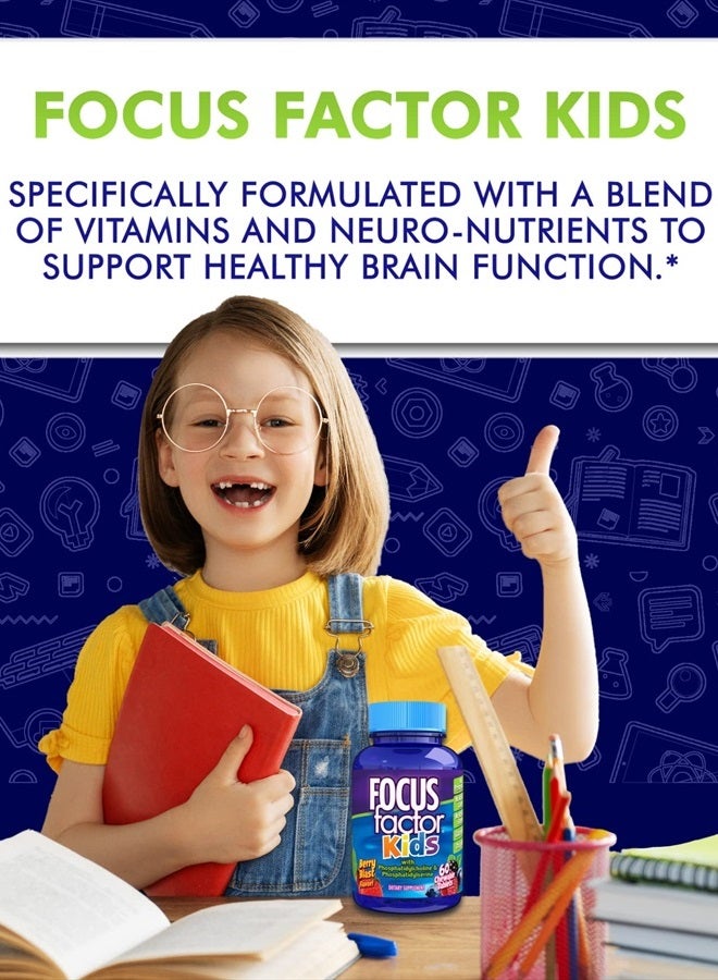 Focus Factor فيتامينات مضغ يومية كاملة للأطفال: متعدد الفيتامينات والمغذيات العصبية (وظيفة الدماغ) مع فيتامين ب12، ج، د3 - 60 حبة - Image 2