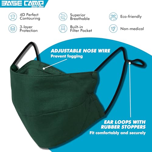 BASE CAMP Reusable Cloth Dust Face Masks 100% Cotton Washable Adjustable Breathable Fabric Mask with Filter Pocket (1Black+1Green-L) - Image 2