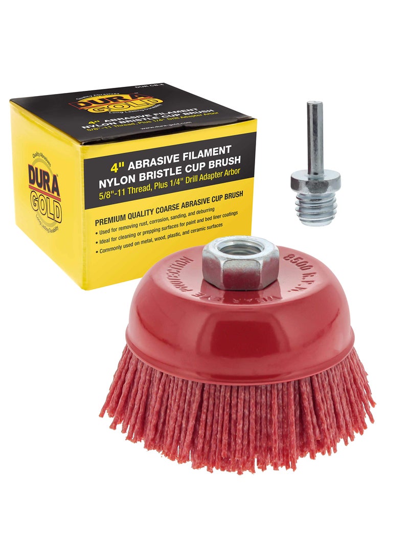 Dura-Gold Dura-Gold 4" Abrasive Filament Nylon Bristle Cup Brush - Coarse Sanding Scuffing Brush, 5/8" 11 Thread, 1/4" Drill Arbor - Remove Rust, Corrosion, Paint - Surface Prepping for Truck Bed Liner Coatings  - Image 1