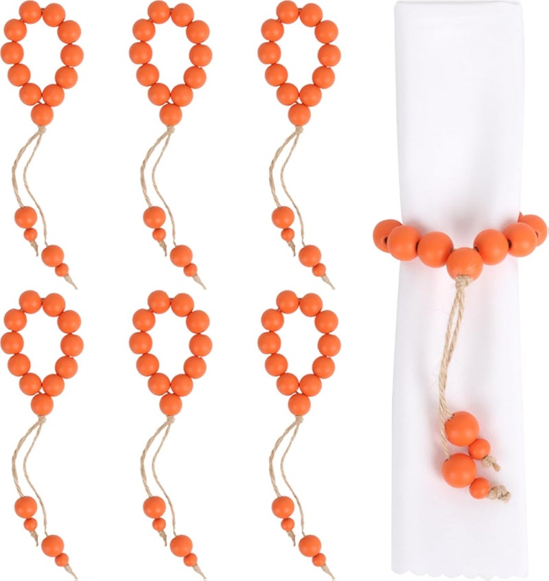 Yagoo Napkin Rings Set of 6, Handmade Farmhouse Wood Beaded Napkin Ring Set for Wedding, Banquet, Party, Dinner Table Decor (Orange, Set of 6)