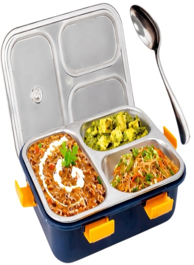KAVANA® 3 Compartment Lunch Box Steel -Leak-Proof BPA Free Lunch Box for Kids Boys,Girls with Spoon - Lunch Box for Office Use, Steel Tiffin Box for Kids 750 ml(Blue) - Image 1