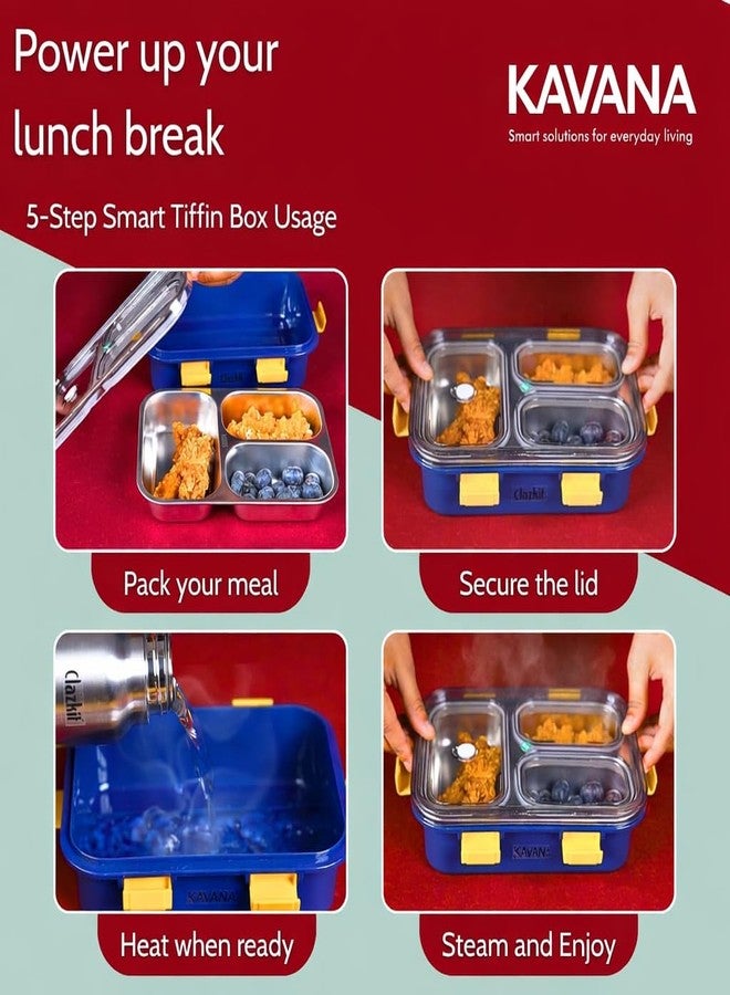 KAVANA® 3 Compartment Lunch Box Steel -Leak-Proof BPA Free Lunch Box for Kids Boys,Girls with Spoon - Lunch Box for Office Use, Steel Tiffin Box for Kids 750 ml(Blue) - Image 4