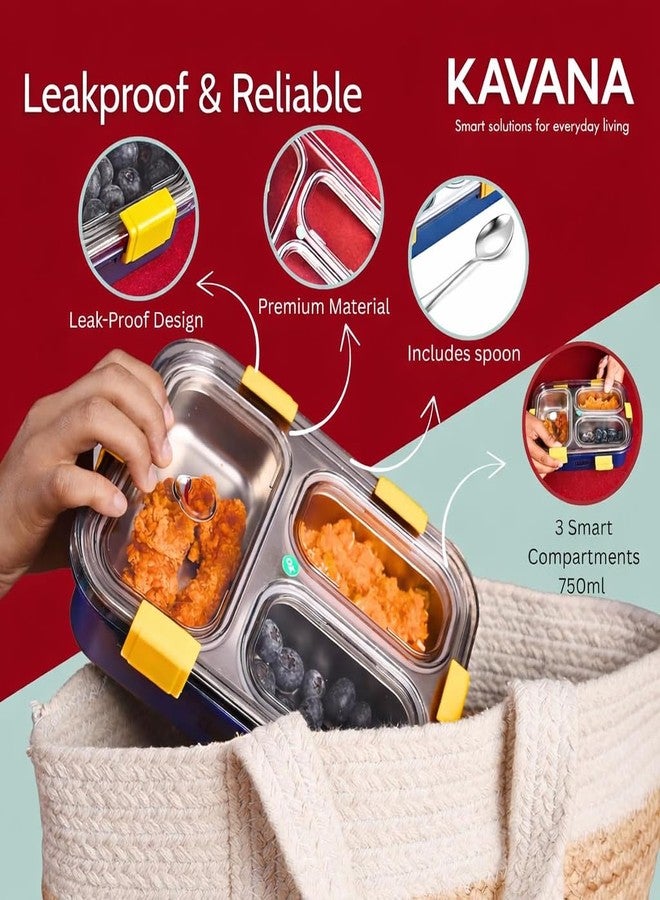 KAVANA® 3 Compartment Lunch Box Steel -Leak-Proof BPA Free Lunch Box for Kids Boys,Girls with Spoon - Lunch Box for Office Use, Steel Tiffin Box for Kids 750 ml(Blue) - Image 5