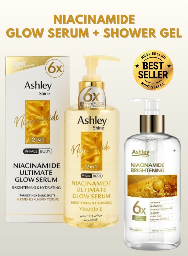 Ashley Niacinamide Duo Glow Serum Body and Shower Gel Whitening Brightening Hydrating Moisturizing Skin Care Set