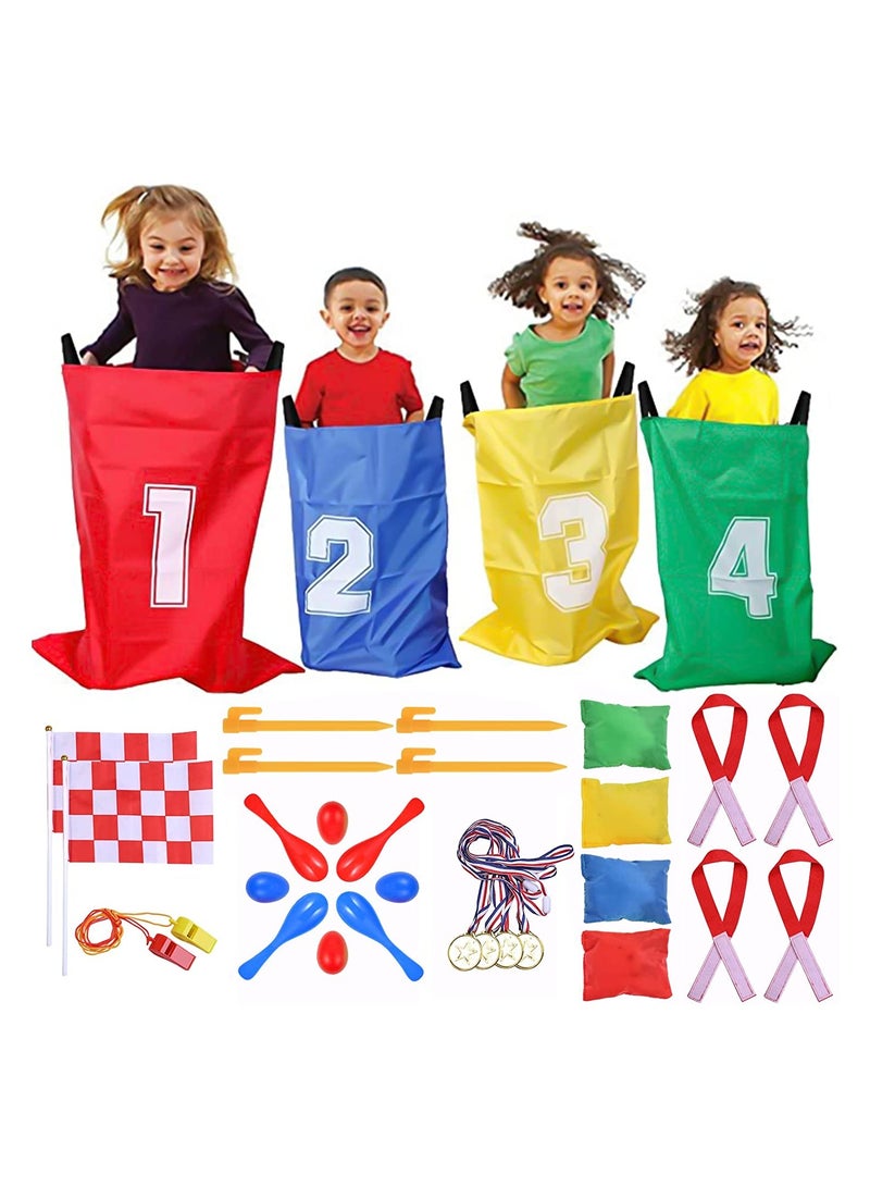 SOLARAE 32 Pcs Sports Day Kit Sack Race Set Bean Bag Toss Fun Outdoor Garden Family Game for Adults And Kids Includes 4 Coloured Sack 4 Eggs 4 Spoons 4 Bean Bags 2 Whistles and other - Image 1