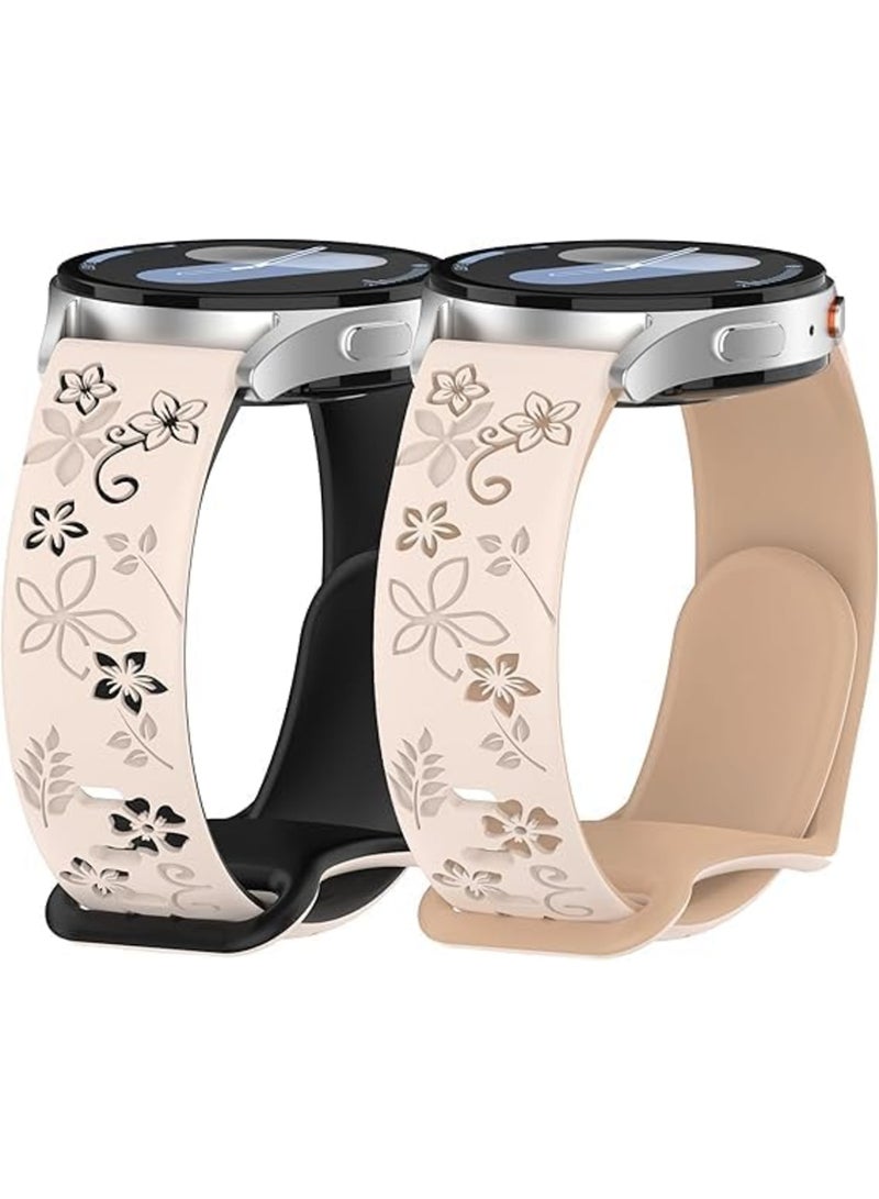 SYOSI Watch Bands, Floral Engraved Soft Silicone Strap Compatible with Samsung Galaxy Watch 7 FE 6 5 4 40mm 44mm and Galaxy Active 2, 20mm Replacement Wristband with Cute Flower Design for Women, 2 PK - Image 1