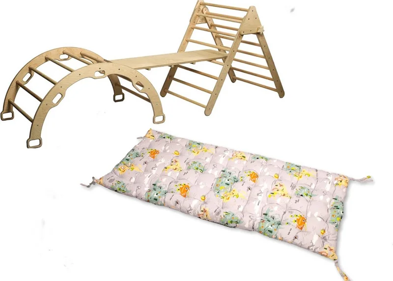 Kidoppo Pikler Climbing Set and Pillow | Montessori Set of 3 | Arch + Triangle + Stair Ramp + Map Pattern Pillow