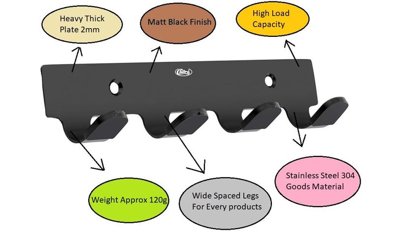 Chitra 4 Pin Curve Stainless Steel Wall Hooks for Hanging Cloth and Towel Hangers for Wall Hook,Door Hangers,Hook Rail (Pack of 1,Black Matt Finish) - Image 4